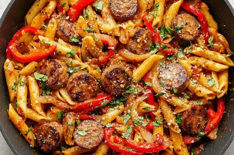 A plate of sausage pasta topped with fresh herbs and parmesan cheese.
