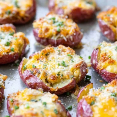 Delicious plate of creamy smashed potatoes topped with herbs and spices.