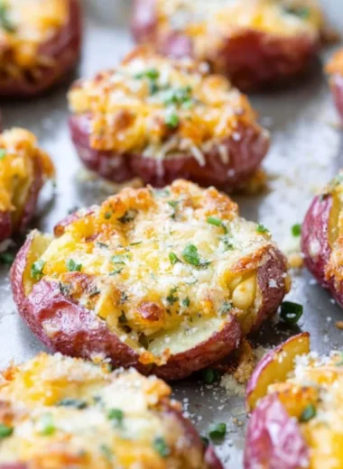 Delicious plate of creamy smashed potatoes topped with herbs and spices.