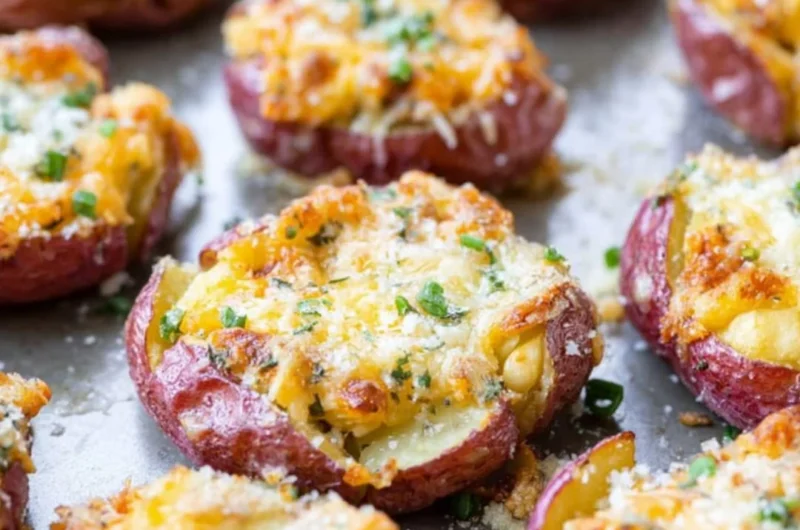Delicious plate of creamy smashed potatoes topped with herbs and spices.