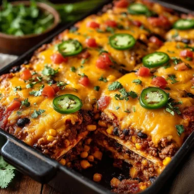 Delicious Taco Bake Casserole dish garnished with fresh ingredients