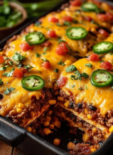 Delicious Taco Bake Casserole dish garnished with fresh ingredients