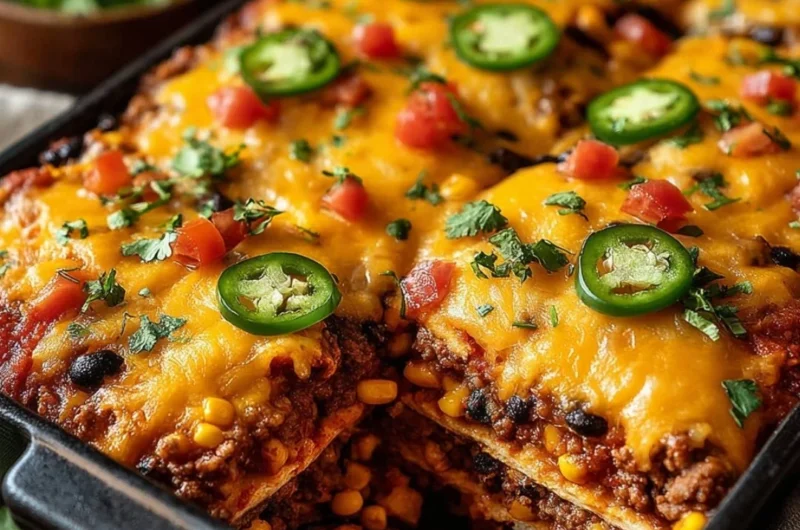 Delicious Taco Bake Casserole dish garnished with fresh ingredients