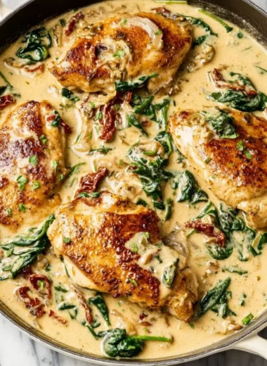 Delicious Tuscan Chicken with herbs and vegetables served on a plate