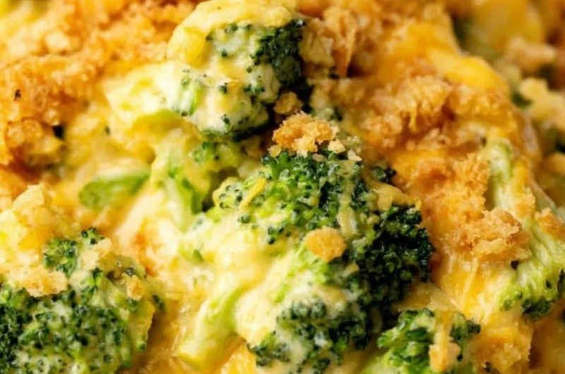 Velveeta broccoli casserole dish served on a table with a side salad