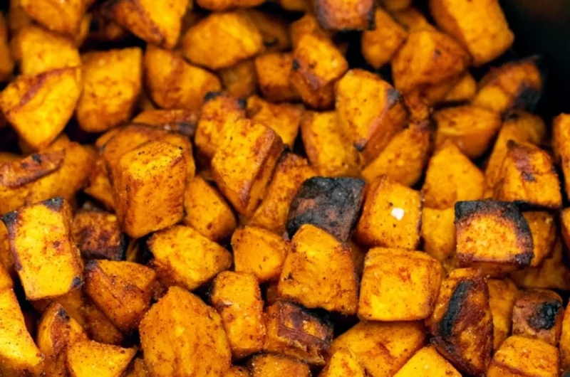 Crispy air fryer sweet potato cubes on a plate