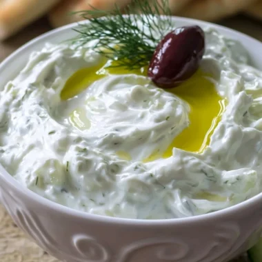 Bowl of authentic Tzatziki Sauce with fresh ingredients on a wooden table