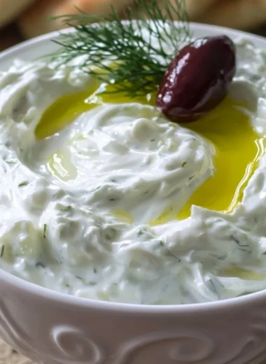 Bowl of authentic Tzatziki Sauce with fresh ingredients on a wooden table