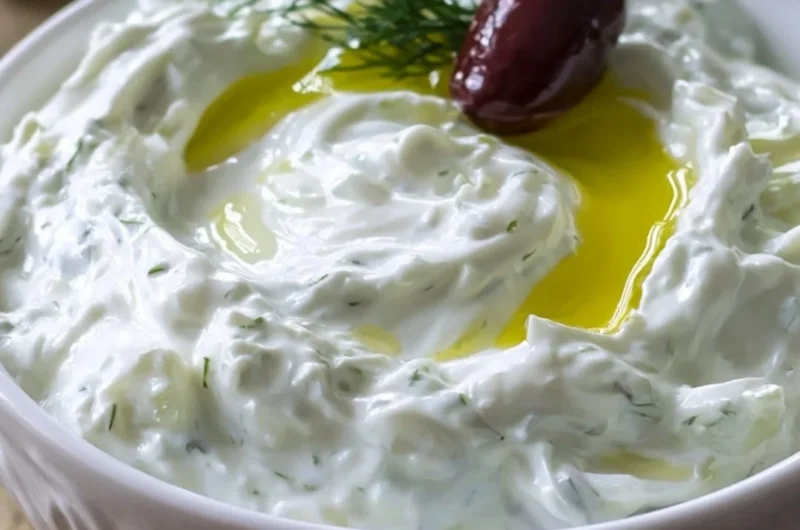 Bowl of authentic Tzatziki Sauce with fresh ingredients on a wooden table