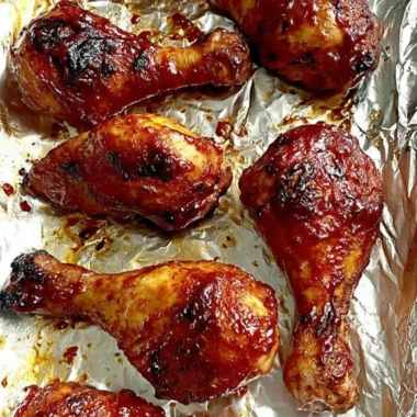 Baked BBQ chicken drumsticks served with a side of BBQ sauce and fresh herbs