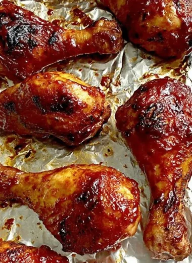 Baked BBQ chicken drumsticks served with a side of BBQ sauce and fresh herbs
