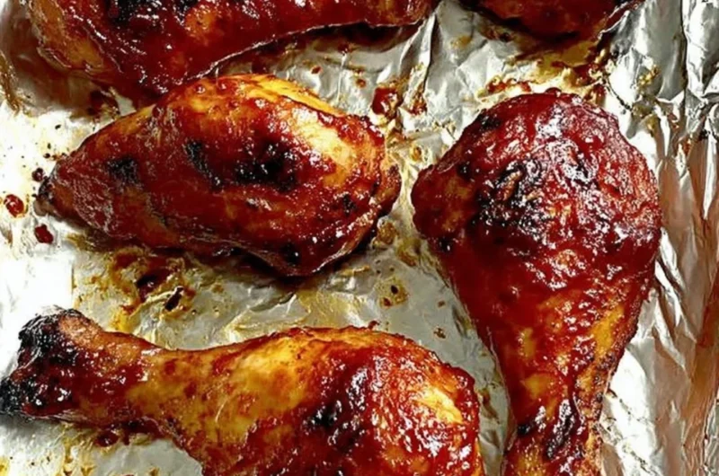Baked BBQ chicken drumsticks served with a side of BBQ sauce and fresh herbs