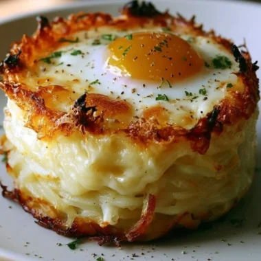 Baked Eggs Napoleon with layers of sauce and cheese topped with fresh herbs