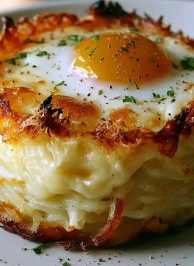 Baked Eggs Napoleon with layers of sauce and cheese topped with fresh herbs