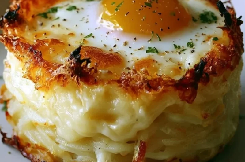 Baked Eggs Napoleon with layers of sauce and cheese topped with fresh herbs