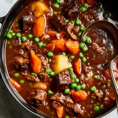 Delicious homemade beef stew with tender meat and vegetables in a rich broth.