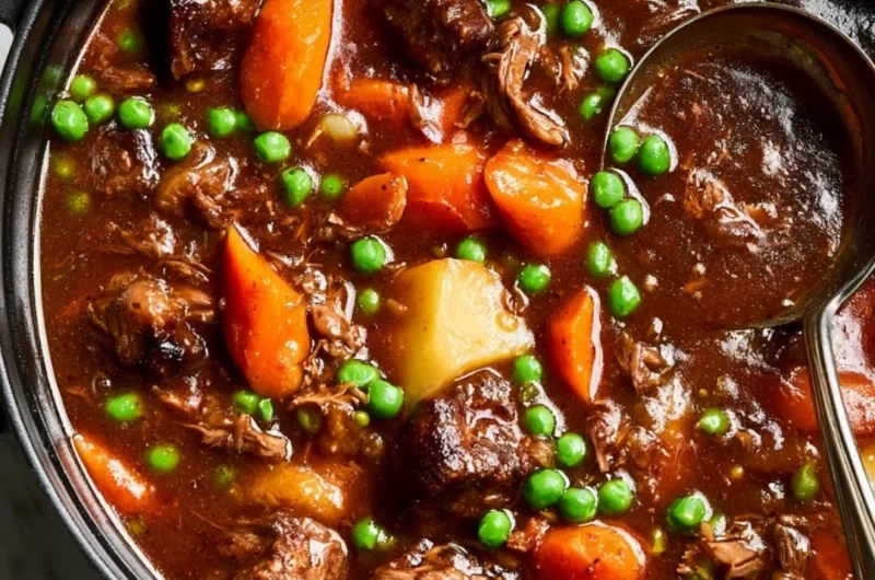Delicious homemade beef stew with tender meat and vegetables in a rich broth.
