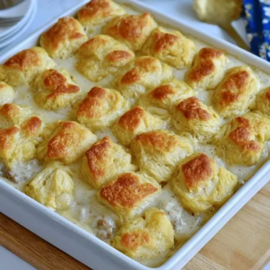 Delicious Biscuits and Gravy Casserole served in a dish