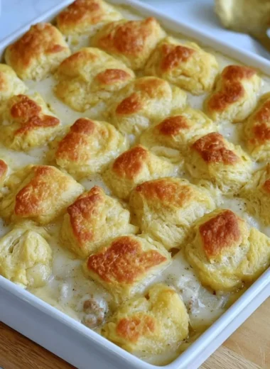 Delicious Biscuits and Gravy Casserole served in a dish