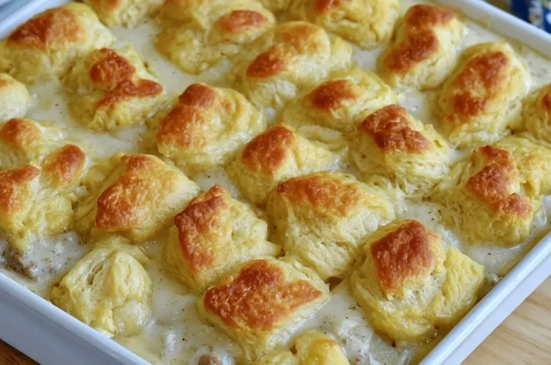 Delicious Biscuits and Gravy Casserole served in a dish