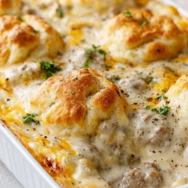 Delicious biscuits and gravy casserole topped with sausage and creamy sauce