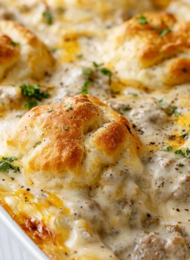 Delicious biscuits and gravy casserole topped with sausage and creamy sauce