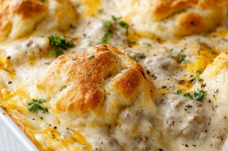 Delicious biscuits and gravy casserole topped with sausage and creamy sauce