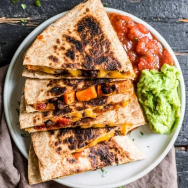 Black Bean Sweet Potato Quesadilla on a plate, ready to serve