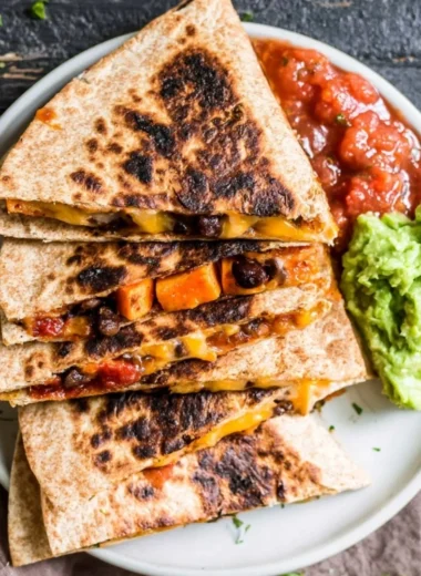 Black Bean Sweet Potato Quesadilla on a plate, ready to serve