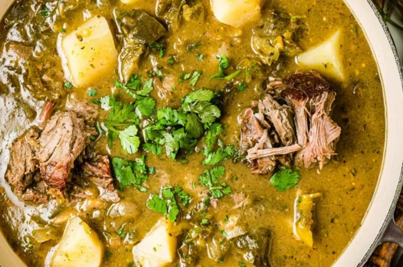 Delicious bowl of Caldillo stew filled with fresh vegetables and meat.