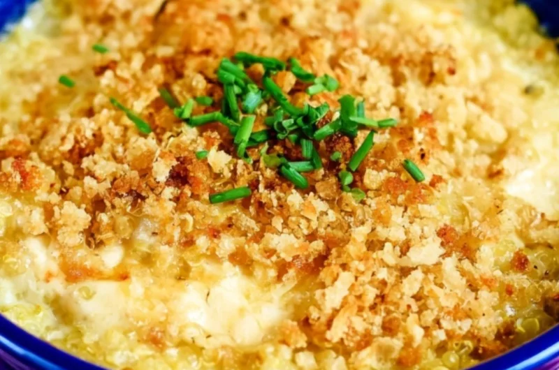 Creamy and cheesy quinoa mac and cheese ready to serve in a bowl