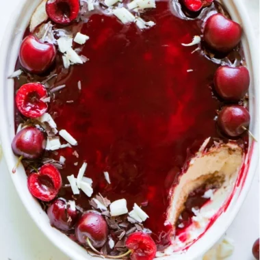 Delicious Cherry Tiramisu dessert served in a glass dish
