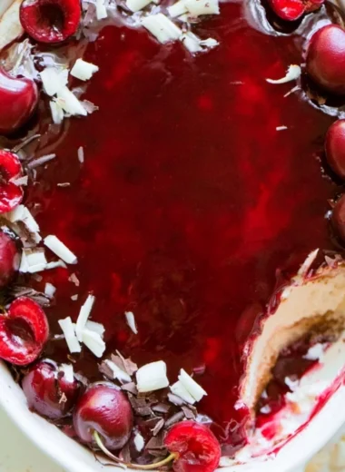 Delicious Cherry Tiramisu dessert served in a glass dish