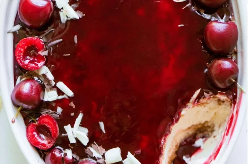 Delicious Cherry Tiramisu dessert served in a glass dish