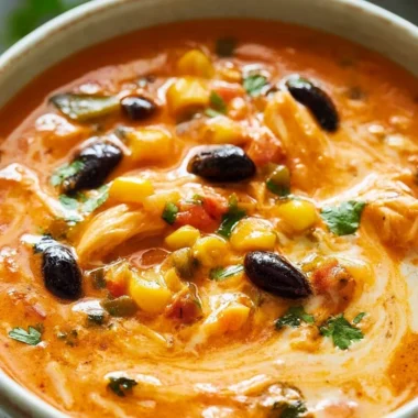 Delicious bowl of Chicken Enchilada Soup garnished with cheese and cilantro