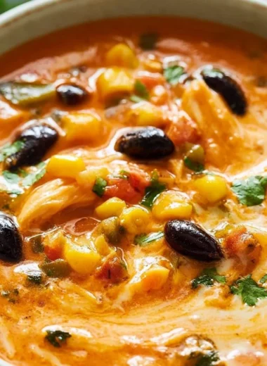 Delicious bowl of Chicken Enchilada Soup garnished with cheese and cilantro