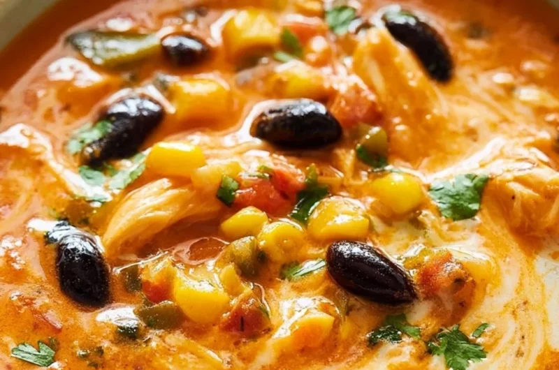 Delicious bowl of Chicken Enchilada Soup garnished with cheese and cilantro