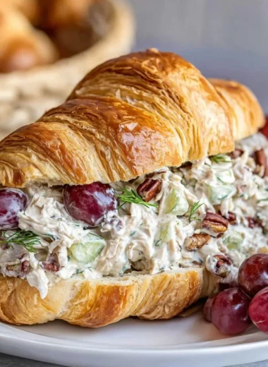 Chicken salad croissant sandwich with lettuce and tomatoes