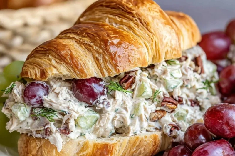 Chicken salad croissant sandwich with lettuce and tomatoes