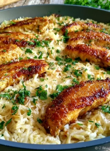 Chicken Scampi Skillet with garlic and pasta in a delicious sauce