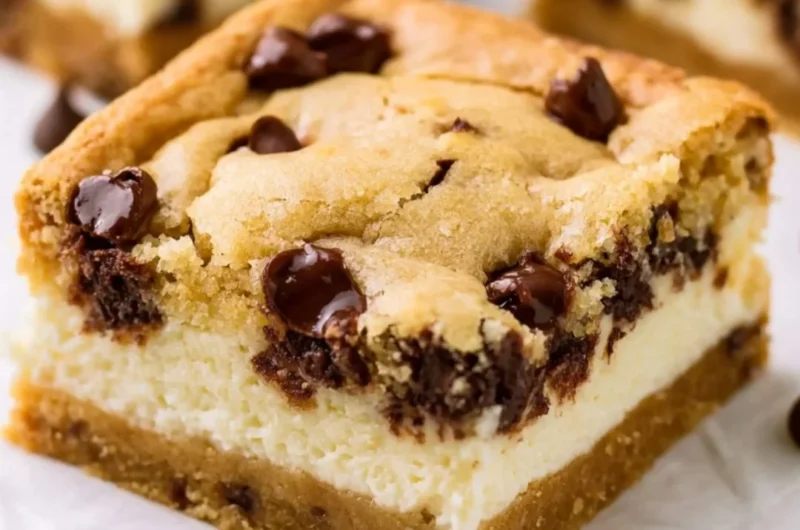 Delicious chocolate chip cheesecake bars topped with chocolate chips and a creamy filling.