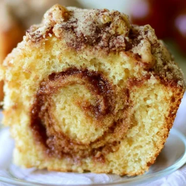 Delicious Cinnamon Swirl Coffee Cake served on a rustic wooden table.
