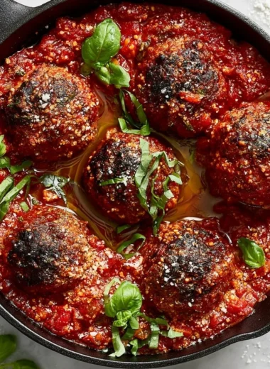 Delicious classic meatballs served with sauce and herbs