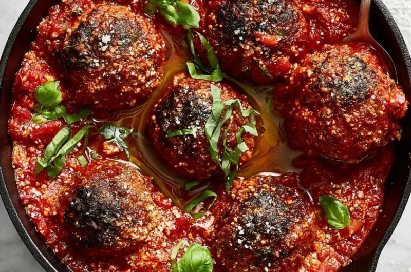Delicious classic meatballs served with sauce and herbs