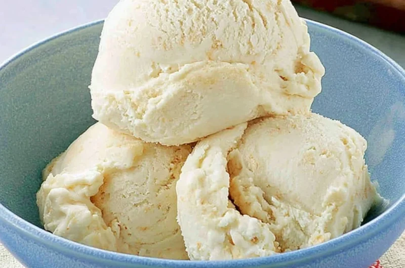 Delicious homemade cake batter ice cream in a bowl with sprinkles.