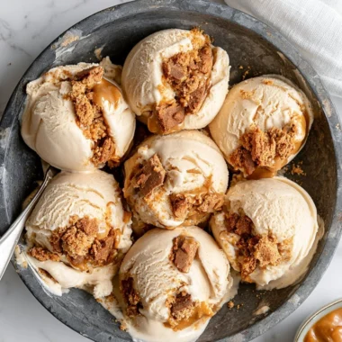 Delicious homemade cookie butter ice cream in a waffle cone