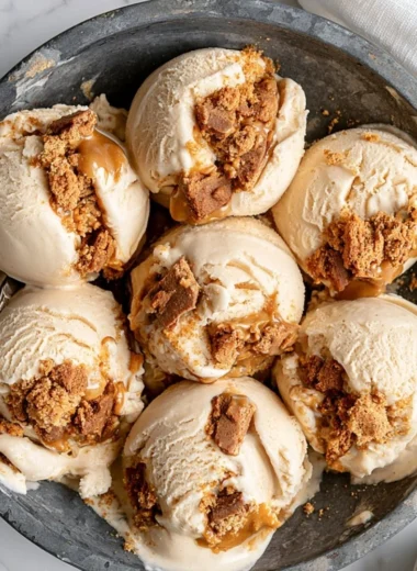 Delicious homemade cookie butter ice cream in a waffle cone