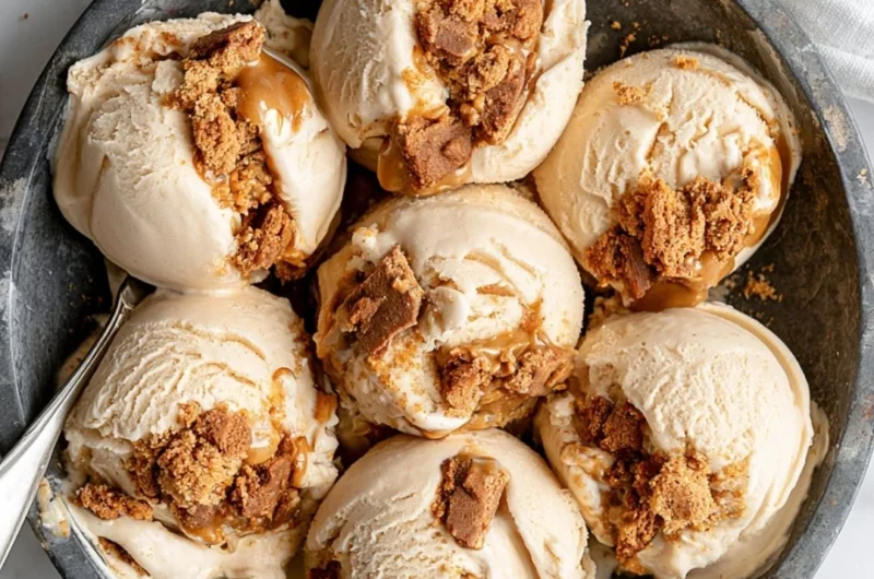 Delicious homemade cookie butter ice cream in a waffle cone