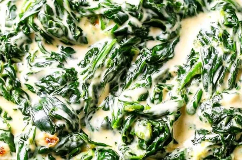 A bowl of creamy spinach with butter and seasoning, ready to serve as a side dish.