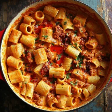 Creamy chorizo pasta dish topped with parsley and served in a bowl.